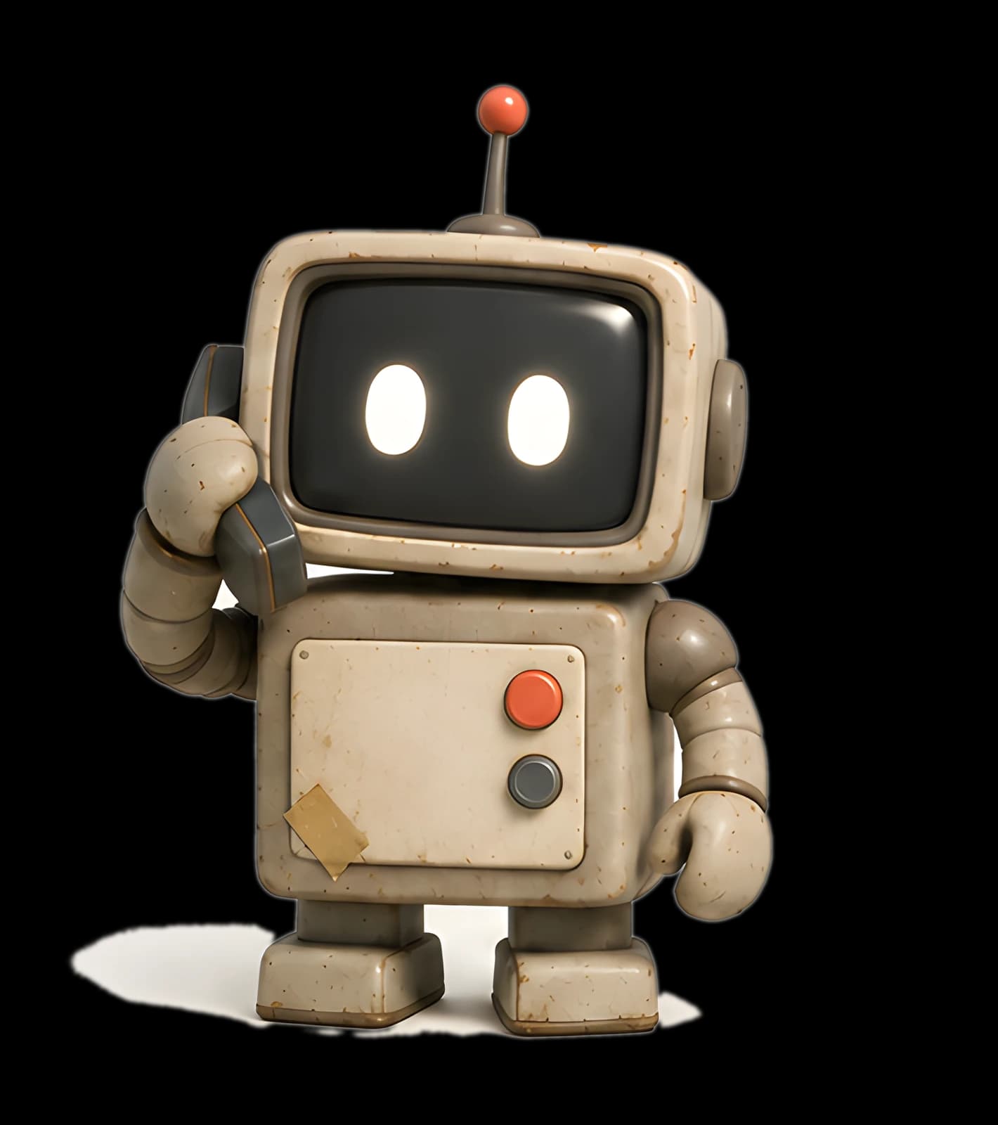 A small retro robot holding a phone to its head