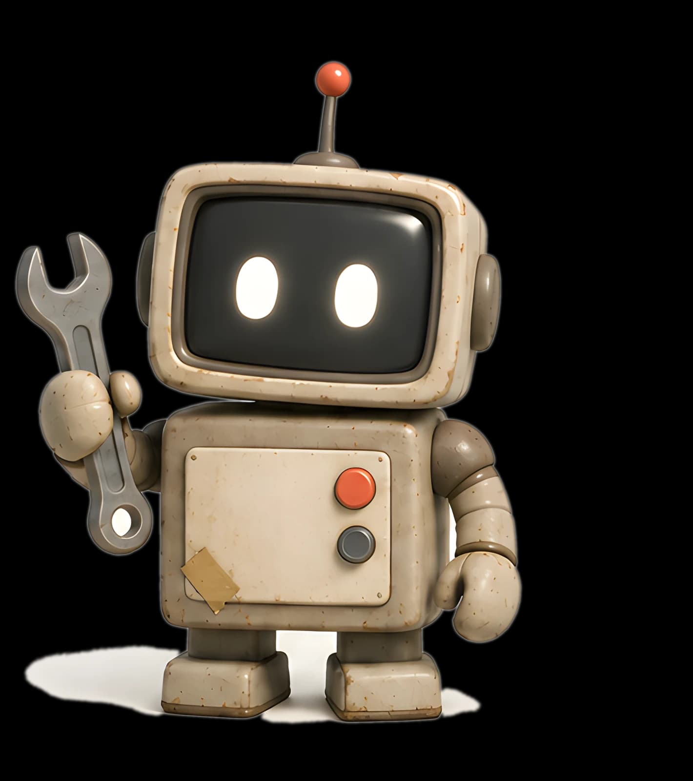 A small retro robot holding a wrench